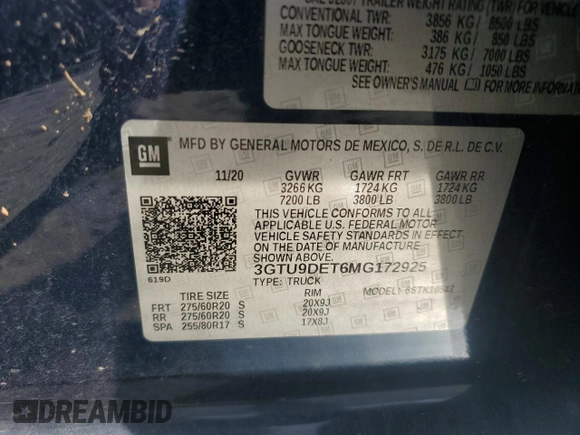 2021 GMC Sierra 1500 SLT z VIN 3GTU9DET6MG172925, wystawiony jako Copart lot #53908075 z przebiegiem 56 717 mil mil oraz Szkoda całkowita • Salvage title. Historia ofert i sprzedaży dostępna na DreamBid. Obrazek 12.