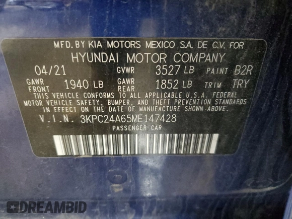 2021 Hyundai Accent SE with VIN 3KPC24A65ME147428, listed as a Copart auction lot 50730725 with 49,071 mi miles and Salvage title. Bid and sale history available at DreamBid. Image 12.
