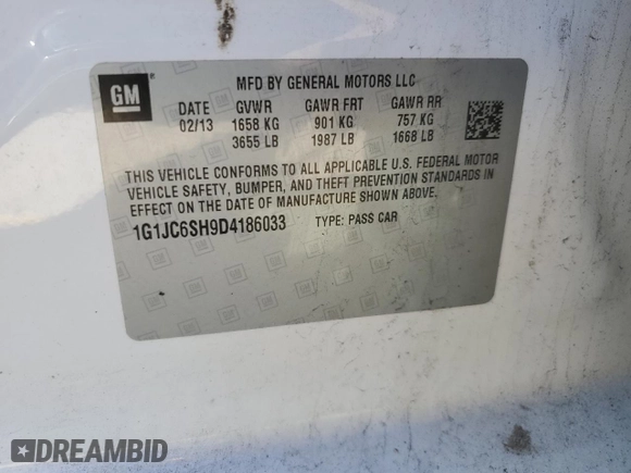 2013 Chevrolet Sonic LT with VIN 1G1JC6SH9D4186033, listed as a Copart auction lot 48147375 with 116,585 mi miles and Salvage Title. Bid and sale history available at carsss.com. Image 12.