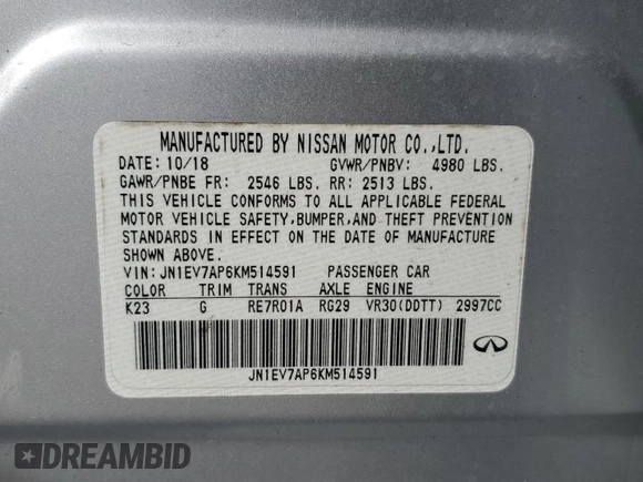 2019 Infiniti Q50 3.0t Signature Edition with VIN JN1EV7AP6KM514591, listed as a Copart auction lot 84735724 with 64,178 mi miles and Non Repairable. Bid and sale history available at carsss.com. Image 14.