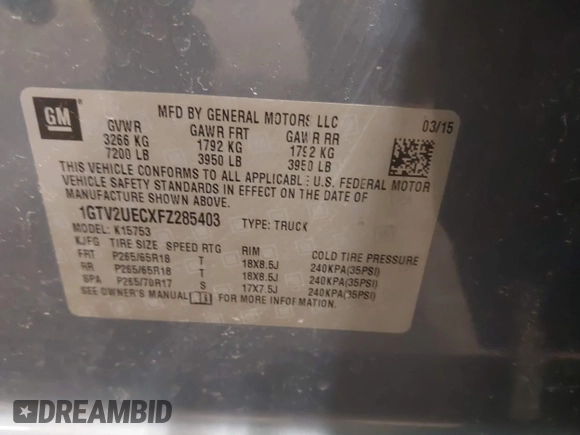 2015 GMC Sierra 1500 SLE z VIN 1GTV2UECXFZ285403, wystawiony jako IAAI lot #41255076 z przebiegiem 71 498 mil mil oraz . Historia ofert i sprzedaży dostępna na DreamBid. Obrazek 9.