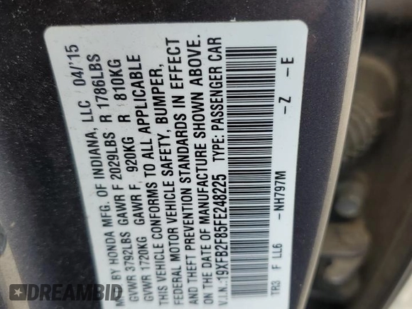 2015 Honda Civic EX z VIN 19XFB2F85FE248225, wystawiony jako Copart lot #57252085 z przebiegiem Nie podano mil oraz Szkoda całkowita • Salvage title. Historia ofert i sprzedaży dostępna na DreamBid. Obrazek 12.
