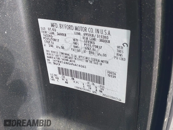 2004 Ford F-150 STX with VIN 1FTRX14W04NA16263, listed as a IAAI auction lot 42645469 with 63,122 mi miles and . Bid and sale history available at DreamBid. Image 9.