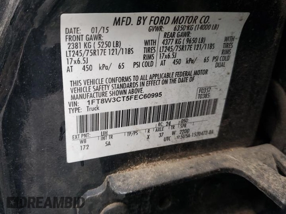2015 Ford F-350 Lariat with VIN 1FT8W3CT5FEC60995, listed as a Copart auction lot 44506795 with 150,032 mi miles and Clean title. Bid and sale history available at DreamBid. Image 12.