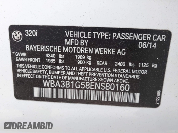 2014 BMW 3 Series 320i with VIN WBA3B1G58ENS80160, listed as a IAAI auction lot 42029951 with 97,306 mi miles. Bid and sale history available at carsss.com. Image 9.