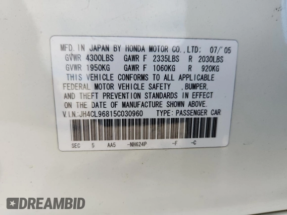 2005 Acura TSX with VIN JH4CL96815C030960, listed as a Copart auction lot 62104065 with 149,622 mi miles and Salvage title. Bid and sale history available at DreamBid. Image 12.