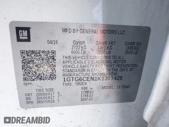 2019 GMC Canyon 4WD SLE with VIN 1GTG6CEN1K1301425, listed as a IAAI auction lot 41358278 with 105,106 mi miles. Bid and sale history available at carsss.com. Image 9.
