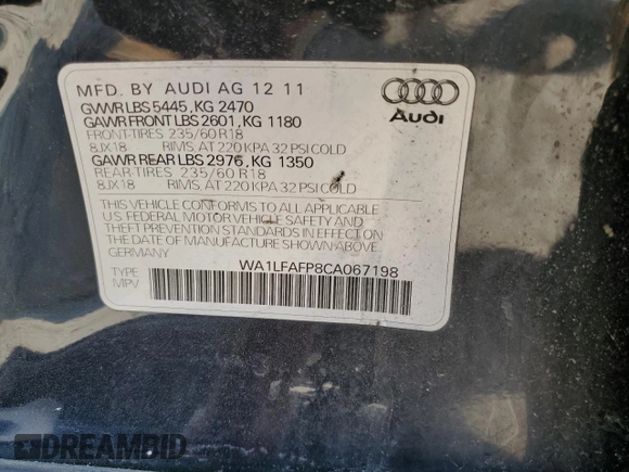 2012 Audi Q5 Premium Plus с VIN WA1LFAFP8CA067198, выставлен на аукционе Copart как лот 60727285 с пробегом 103 099 миль миль и Чистый • Clean title. История ставок и продаж доступна на DreamBid. Изображение 13.