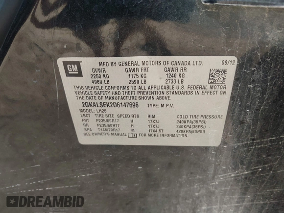 2013 GMC Terrain SLE z VIN 2GKALSEK2D6147696, wystawiony jako IAAI lot #42217810 z przebiegiem 241 334 mil mil oraz . Historia ofert i sprzedaży dostępna na DreamBid. Obrazek 9.