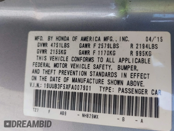2015 Acura TLX V6 Tech with VIN 19UUB3F5XFA007901, listed as a IAAI auction lot 41477974 with 1 mi miles. Bid and sale history available at carsss.com. Image 9.