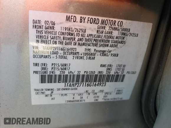 2006 Ford Five Hundred SEL with VIN 1FAHP27116G164923, listed as a Copart auction lot 47193545 with 145,373 mi miles and Salvage Title. Bid and sale history available at carsss.com. Image 13.