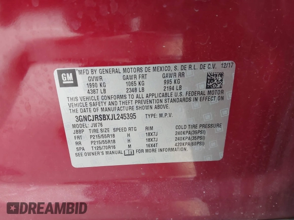 2018 Chevrolet Trax Premier with VIN 3GNCJRSBXJL245395, listed as a IAAI auction lot 41261014 with 27,306 mi miles. Bid and sale history available at carsss.com. Image 9.