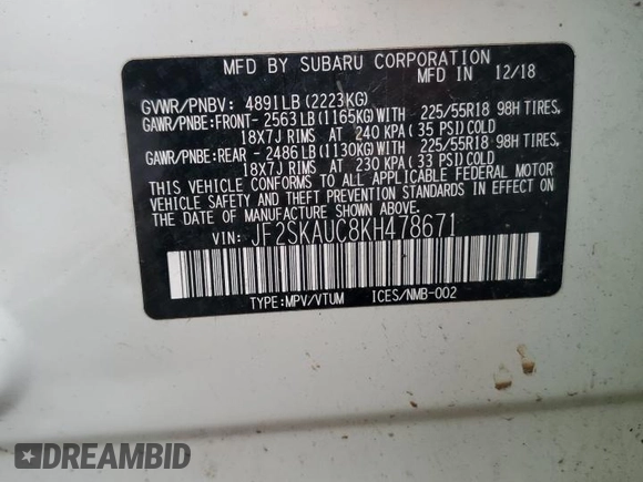 2019 Subaru Forester Limited with VIN JF2SKAUC8KH478671, listed as a Copart auction lot 60685065 with 114,476 mi miles and Salvage title. Bid and sale history available at DreamBid. Image 13.