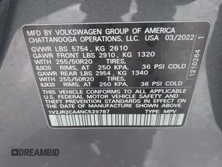 2022 Volkswagen Atlas SE z VIN 1V2JR2CA4NC529787, wystawiony jako IAAI lot #42051211 z przebiegiem 55 787 mil mil oraz . Historia ofert i sprzedaży dostępna na DreamBid. Obrazek 9.