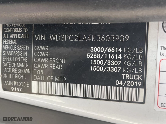 2019 Mercedes-Benz Metris Cargo Van with VIN WD3PG2EA4K3603939, listed as a Copart auction lot 78860194 with 120,180 mi miles and Clean Title. Bid and sale history available at carsss.com. Image 10.