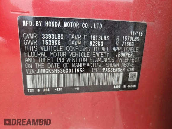 2016 Honda Fit LX with VIN JHMGK5H53GX011953, listed as a Copart auction lot 58713935 with 102,363 mi miles and Salvage title. Bid and sale history available at DreamBid. Image 12.