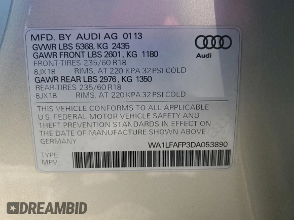 2013 Audi Q5 Premium Plus with VIN WA1LFAFP3DA053890, listed as a Copart auction lot 86783444 with 71,679 mi miles and Salvage Title. Bid and sale history available at carsss.com. Image 13.