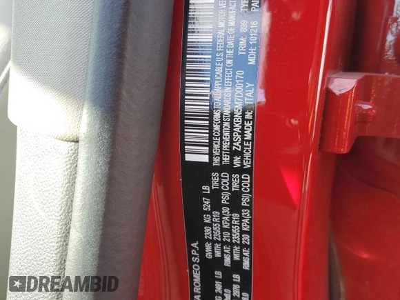 2021 Alfa Romeo Stelvio Ti z VIN ZASPAKBN5M7D00170, wystawiony jako Copart lot #41510865 z przebiegiem 27 492 mil mil oraz Szkoda całkowita • Salvage title. Historia ofert i sprzedaży dostępna na DreamBid. Obrazek 14.