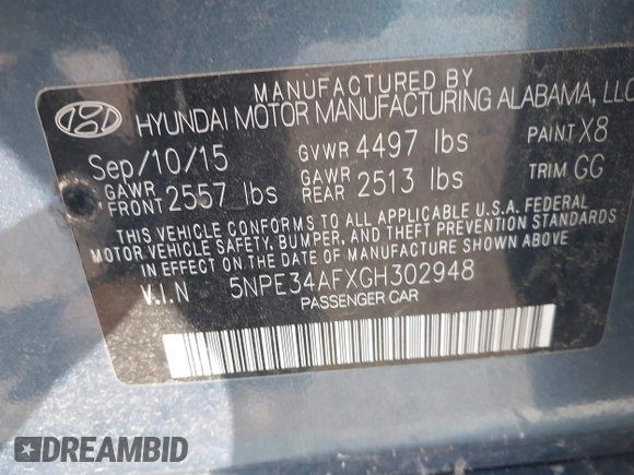 2016 Hyundai Sonata Sport with VIN 5NPE34AFXGH302948, listed as a IAAI auction lot 41958648 with 145,662 mi miles and . Bid and sale history available at DreamBid. Image 9.