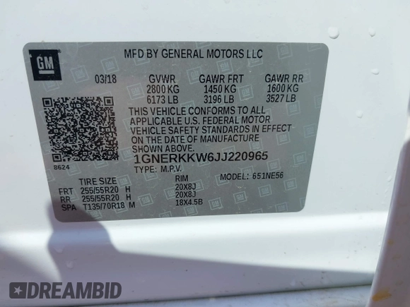 2018 Chevrolet Traverse Premier z VIN 1GNERKKW6JJ220965, wystawiony jako IAAI lot #37625637 z przebiegiem 99 072 mil mil oraz . Historia ofert i sprzedaży dostępna na DreamBid. Obrazek 9.