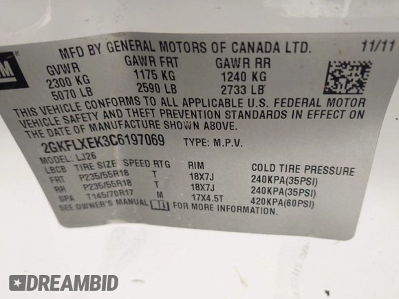2012 GMC Terrain SLT-2 with VIN 2GKFLXEK3C6197069, listed as a IAAI auction lot 42019006 with 161,658 mi miles and . Bid and sale history available at DreamBid. Image 9.