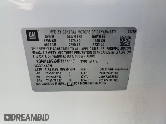 2015 Chevrolet Equinox LS z VIN 2GNALAEK4F1144117, wystawiony jako Copart lot #57961095 z przebiegiem 113 878 mil mil oraz Szkoda całkowita • Salvage title. Historia ofert i sprzedaży dostępna na DreamBid. Obrazek 14.