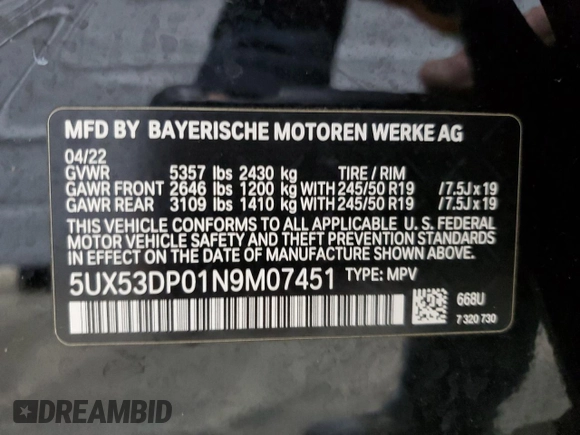 2022 BMW X3 xDrive30i with VIN 5UX53DP01N9M07451, listed as a Copart auction lot 45893785 with 36,661 mi miles and Salvage Title. Bid and sale history available at DreamBid. Image 14.