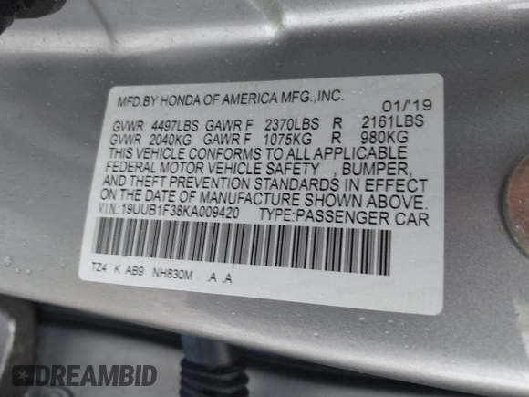 2019 Acura TLX with VIN 19UUB1F38KA009420, listed as a IAAI auction lot 41459987 with 102,336 mi miles. Bid and sale history available at carsss.com. Image 9.