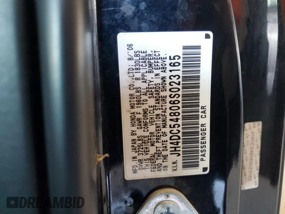 2006 Acura RSX with VIN JH4DC54806S023165, listed as a Copart auction lot 62896225 with 201,395 mi miles and Salvage title. Bid and sale history available at DreamBid. Image 12.