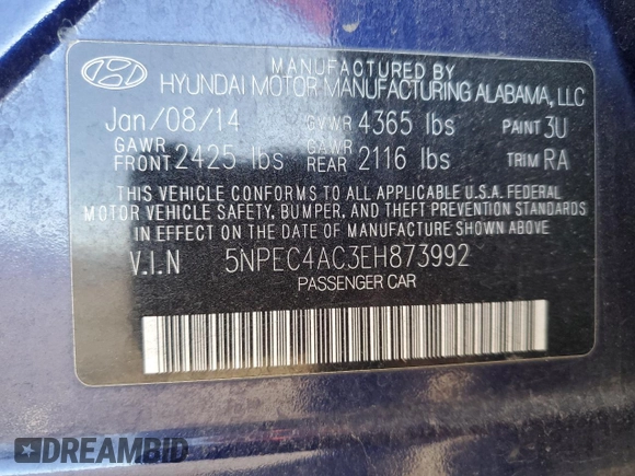 2014 Hyundai Sonata SE with VIN 5NPEC4AC3EH873992, listed as a Copart auction lot 87321434 with 168,055 mi miles and Salvage Title. Bid and sale history available at DreamBid. Image 12.