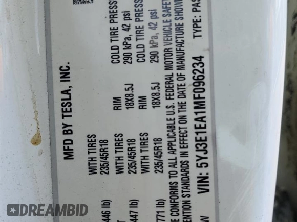 2021 Tesla Model 3 Standard Range Plus z VIN 5YJ3E1EA1MF096234, wystawiony jako Copart lot #53093815 z przebiegiem 14 019 mil mil oraz Szkody całkowita. Historia ofert i sprzedaży dostępna na DreamBid. Obrazek 12.
