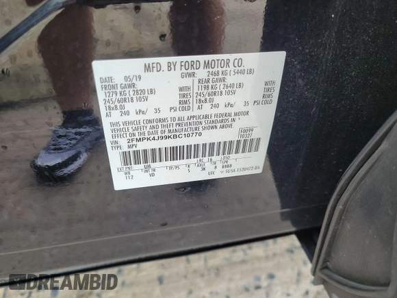 2019 Ford Edge SEL с VIN 2FMPK4J99KBC10770, выставлен на аукционе IAAI как лот 42785530 с пробегом 36 292 миль миль и . История ставок и продаж доступна на DreamBid. Изображение 24.