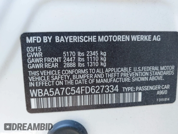2015 BMW 5 Series 528i xDrive with VIN WBA5A7C54FD627334, listed as a IAAI auction lot 41904365 with 144,316 mi miles and . Bid and sale history available at DreamBid. Image 9.