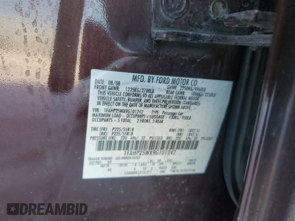 2009 Ford Taurus Limited with VIN 1FAHP25WX9G101242, listed as a Copart auction lot 44817395 with 0 mi miles and Salvage Title. Bid and sale history available at carsss.com. Image 12.