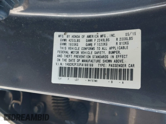 2015 Honda Accord LX with VIN 1HGCR2F30FA186188, listed as a IAAI auction lot 41184680 with 127,098 mi miles and . Bid and sale history available at DreamBid. Image 9.