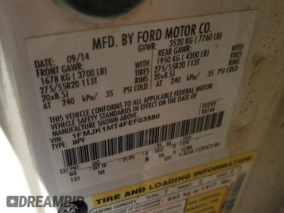 2015 Ford Expedition Max Platinum with VIN 1FMJK1MT4FEF03580, listed as a Copart auction lot 86885804 with 131,269 mi miles and Salvage title. Bid and sale history available at DreamBid. Image 13.