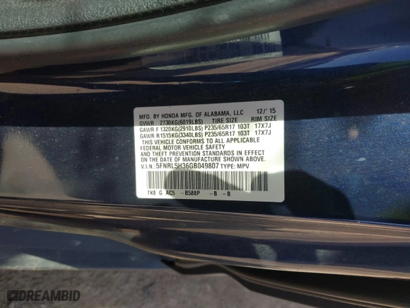 2016 Honda Odyssey SE with VIN 5FNRL5H36GB049807, listed as a IAAI auction lot 41818761 with 172,504 mi miles. Bid and sale history available at carsss.com. Image 9.