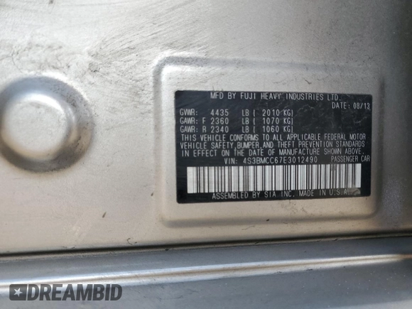 2014 Subaru Legacy Premium with VIN 4S3BMCC67E3012490, listed as a Copart auction lot 56971755 with 126,208 mi miles and Salvage title. Bid and sale history available at DreamBid. Image 12.