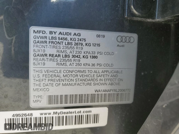 2020 Audi Q5 Premium with VIN WA1ANAFYXL2006772, listed as a Copart auction lot 57432645 with 38,147 mi miles and Non repairable. Bid and sale history available at DreamBid. Image 13.