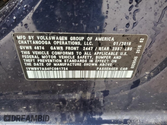 2015 Volkswagen Passat SE with VIN 1VWBV7A34FC061724, listed as a Copart auction lot 57807895 with 101,621 mi miles and Salvage title. Bid and sale history available at DreamBid. Image 12.