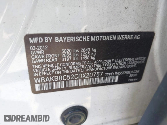 2012 BMW 7 Series 750Li with VIN WBAKB8C52CDX20757, listed as a IAAI auction lot 42057654 with 137,947 mi miles. Bid and sale history available at carsss.com. Image 9.