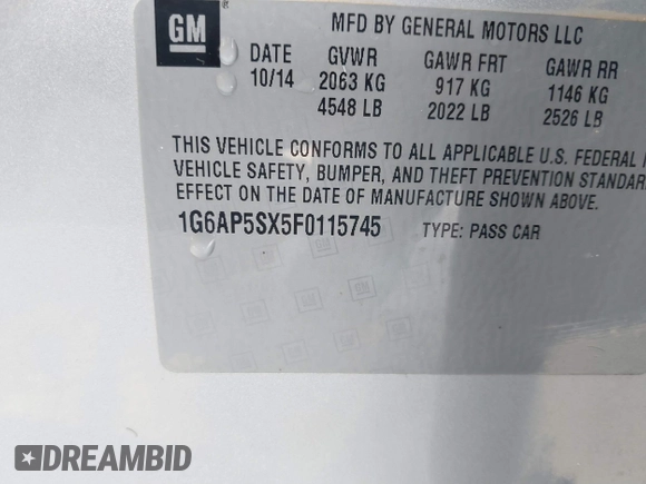 2015 Cadillac CTS RWD with VIN 1G6AP5SX5F0115745, listed as a IAAI auction lot 41658935 with 62,477 mi miles and . Bid and sale history available at DreamBid. Image 9.