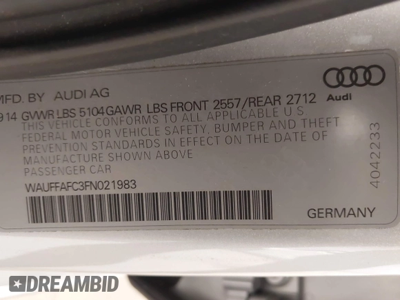 2015 Audi A6 Premium z VIN WAUFFAFC3FN021983, wystawiony jako IAAI lot #42105719 z przebiegiem 104 143 mil mil oraz . Historia ofert i sprzedaży dostępna na DreamBid. Obrazek 9.