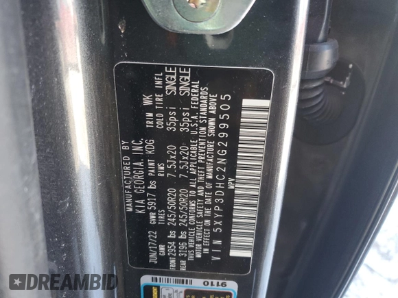 2022 Kia Telluride EX with VIN 5XYP3DHC2NG299505, listed as a Copart auction lot 89411695 with 26,919 mi miles and Salvage Title. Bid and sale history available at DreamBid. Image 15.