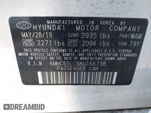 2019 Hyundai Ioniq Blue z VIN KMHC65LC6KU166738, wystawiony jako IAAI lot #38185797 z przebiegiem 110 215 mil mil oraz . Historia ofert i sprzedaży dostępna na DreamBid. Obrazek 9.