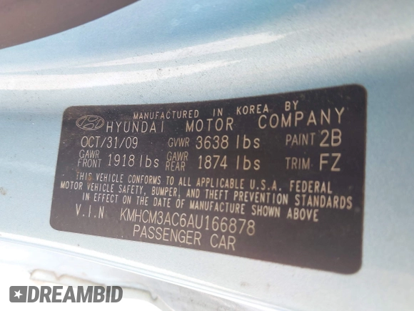 2010 Hyundai Accent GS with VIN KMHCM3AC6AU166878, listed as a IAAI auction lot 42426645 with 168,224 mi miles and . Bid and sale history available at DreamBid. Image 9.