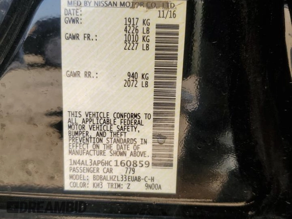 2017 Nissan Altima SL with VIN 1N4AL3AP6HC160859, listed as a Copart auction lot 56797965 with 97,775 mi miles and Salvage title. Bid and sale history available at DreamBid. Image 12.