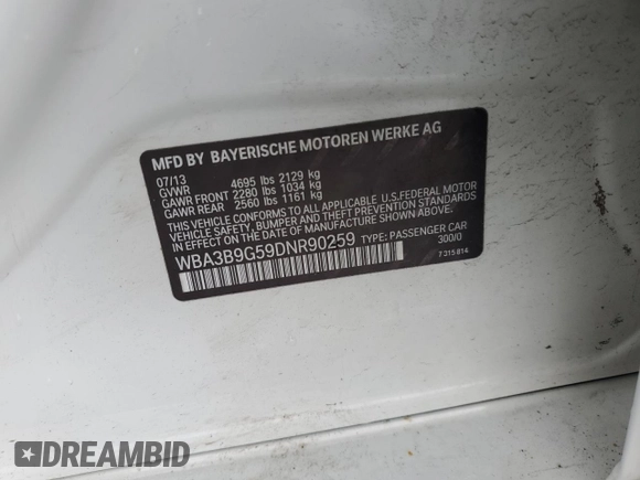 2013 BMW 3 Series 335i xDrive z VIN WBA3B9G59DNR90259, wystawiony jako Copart lot #61618495 z przebiegiem 127 440 mil mil oraz Szkoda całkowita • Salvage title. Historia ofert i sprzedaży dostępna na DreamBid. Obrazek 12.