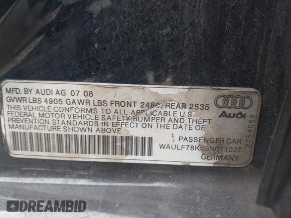 2009 Audi A4 2.0T Prem with VIN WAULF78K89N011027, listed as a IAAI auction lot 41892267 with 178,500 mi miles. Bid and sale history available at carsss.com. Image 9.