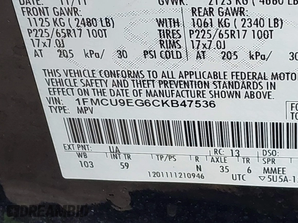 2012 Ford Escape Limited with VIN 1FMCU9EG6CKB47536, listed as a IAAI auction lot 42049336 with 106,341 mi miles. Bid and sale history available at carsss.com. Image 9.